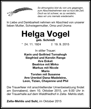 Traueranzeige von Helga Vogel von Südthüringer Presse