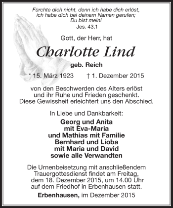 Traueranzeige von Charlotte Lind von Südthüringer Presse