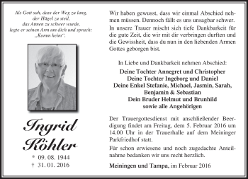 Traueranzeige von Ingrid Köhler von Südthüringer Presse