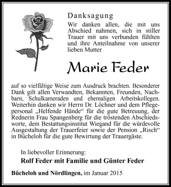 Traueranzeige von Marie Feder von Südthüringer Presse