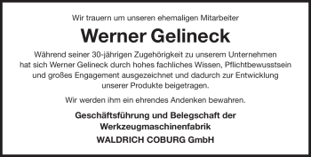 Traueranzeige von Werner Gelineck von Neue Presse Coburg