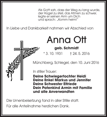 Traueranzeige von Anna Ott von Frankenpost