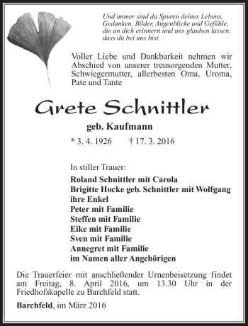 Traueranzeige von Grete Schnittler von Südthüringer Presse