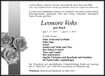 Traueranzeige von Leonore Vohs von Südthüringer Presse