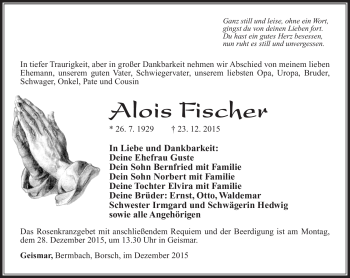 Traueranzeige von Alois Fischer von Südthüringer Presse