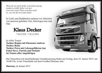 Traueranzeige von Klaus Decker von Südthüringer Presse