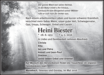 Traueranzeige von Heini Biester von Südthüringer Presse