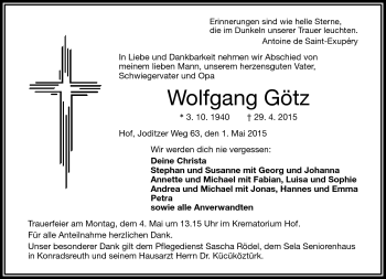 Traueranzeige von Wolfgang Götz von Frankenpost