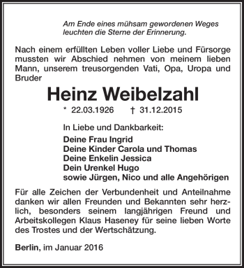 Traueranzeige von Heinz Weibelzahl von Südthüringer Presse