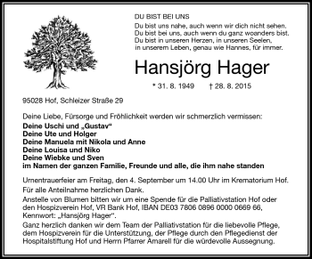 Traueranzeige von Hansjörg Hager von Frankenpost