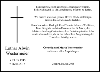 Traueranzeige von Lothar Alwin Westermeier von Neue Presse Coburg