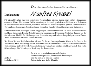 Traueranzeige von Manfred Kreissl von Südthüringer Presse
