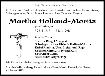 Traueranzeige von Martha Holland-Moritz von Südthüringer Presse