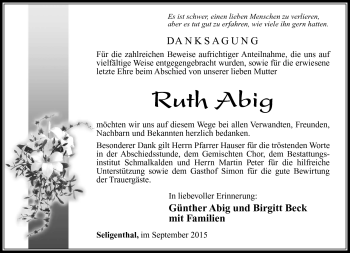 Traueranzeige von Ruth Abig von Südthüringer Presse