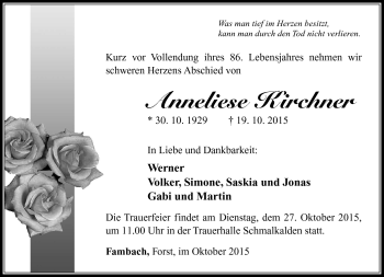 Traueranzeige von Anneliese Kirchner von Südthüringer Presse