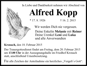 Traueranzeige von Alfred Kopp von Neue Presse Coburg