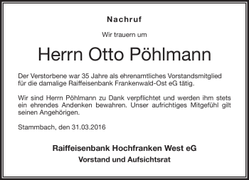 Traueranzeige von Otto Pöhlmann von Frankenpost