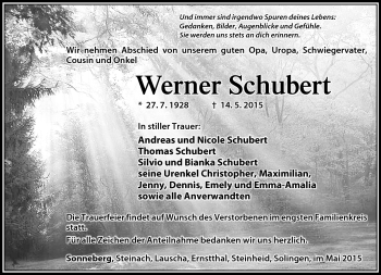 Traueranzeige von Werner Schubert von Südthüringer Presse