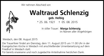 Traueranzeige von Waltraud Schlenzig von Neue Presse Coburg