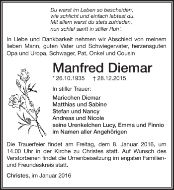 Traueranzeige von Manfred Diemar von Südthüringer Presse