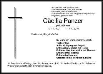 Traueranzeige von Cäcilia Panzer von Frankenpost