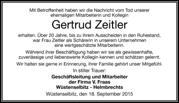 Traueranzeige von Gertrud Zeitler von Frankenpost