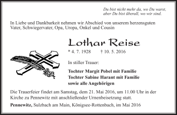 Traueranzeige von Lothar Reise von Südthüringer Presse