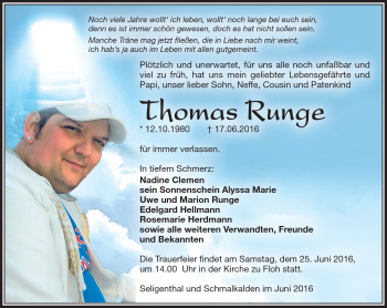 Traueranzeige von Thomas Runge von Südthüringer Presse