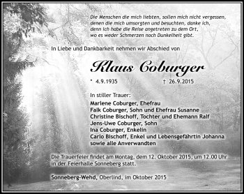 Traueranzeige von Klaus Coburger von Südthüringer Presse