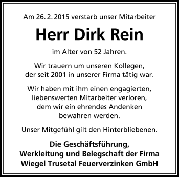 Traueranzeige von Dirk Rein von Südthüringer Presse