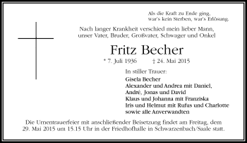 Traueranzeige von Fritz Becher von Frankenpost
