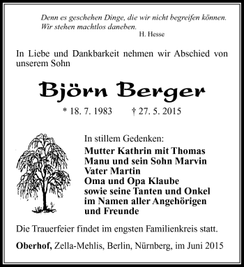 Traueranzeige von Björn Berger von Südthüringer Presse