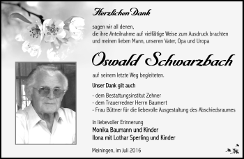 Traueranzeige von Oswald Schwarzbach von Südthüringer Presse