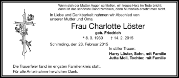 Traueranzeige von Charlotte Löster von Frankenpost