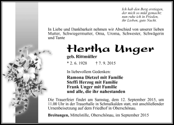 Traueranzeige von Hertha Unger von Südthüringer Presse