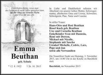 Traueranzeige von Emma Beuthan von Südthüringer Presse