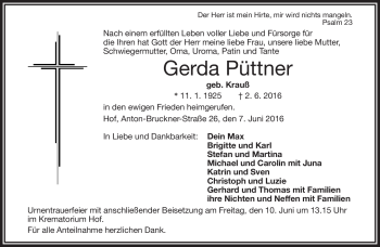 Traueranzeige von Gerda Püttner von Frankenpost