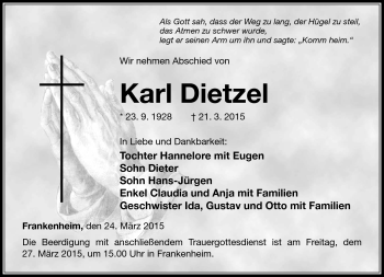 Traueranzeige von Karl Dietzel von Südthüringer Presse