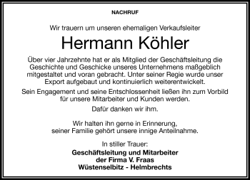 Traueranzeige von Hermann Köhler von Frankenpost