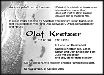 Traueranzeige von Olaf Kretzer von Südthüringer Presse