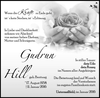 Traueranzeige von Gudrun Hill von Südthüringer Presse