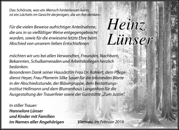 Traueranzeige von Heinz Lünser von Südthüringer Presse