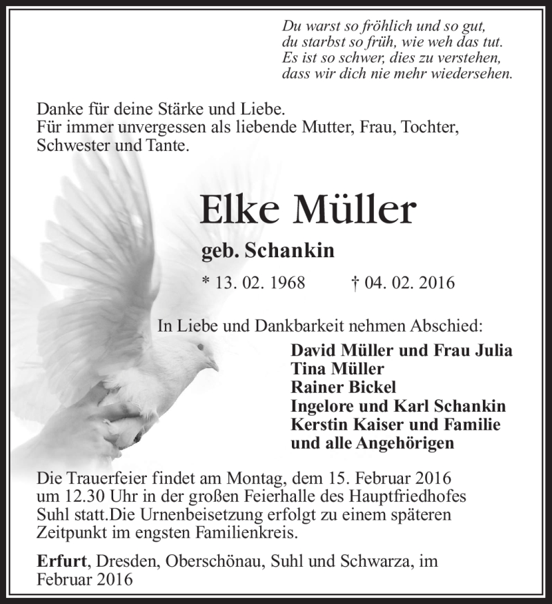  Traueranzeige für Elke Müller vom 10.02.2016 aus Südthüringer Presse