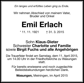Traueranzeige von Emil Erlach von Südthüringer Presse