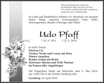 Traueranzeige von Udo Pfaff von Südthüringer Presse