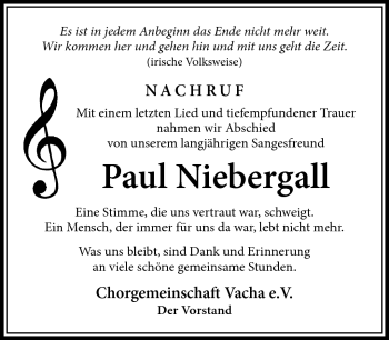 Traueranzeige von Paul Niebergall von Südthüringer Presse