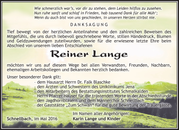 Traueranzeige von Reiner Lange von Südthüringer Presse