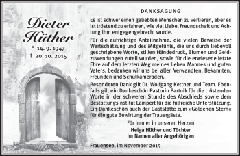 Traueranzeige von Dieter Hüther von Südthüringer Presse