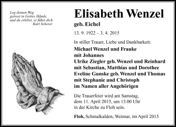 Traueranzeige von Elisabeth Wenzel von Südthüringer Presse