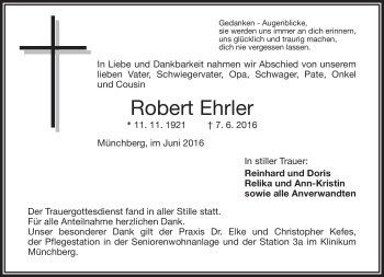 Traueranzeige von Robert Ehrler von Frankenpost